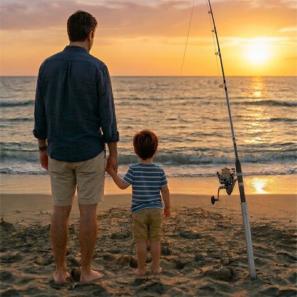 Father and son fishing together on a Spanish beach at sunset