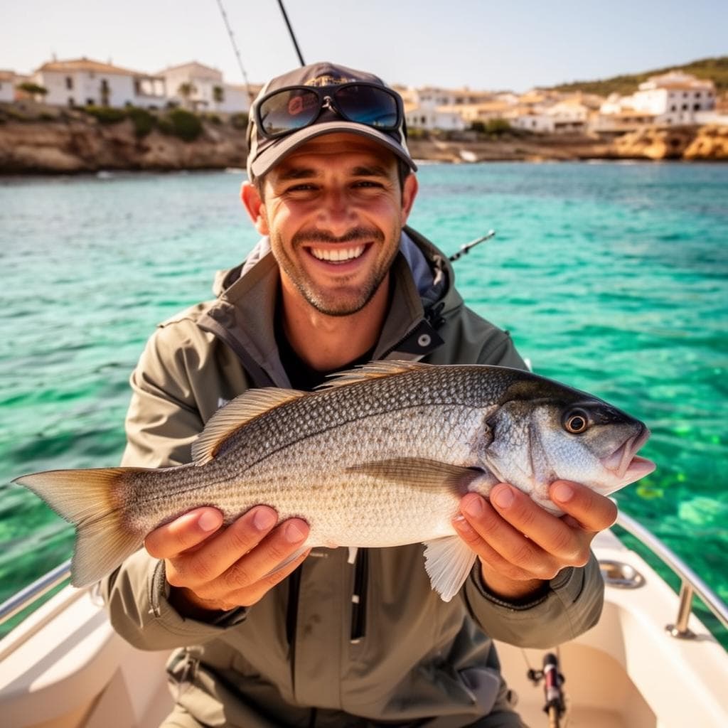 Angler showing his catch while fishing near the Balearic Islands, Spain