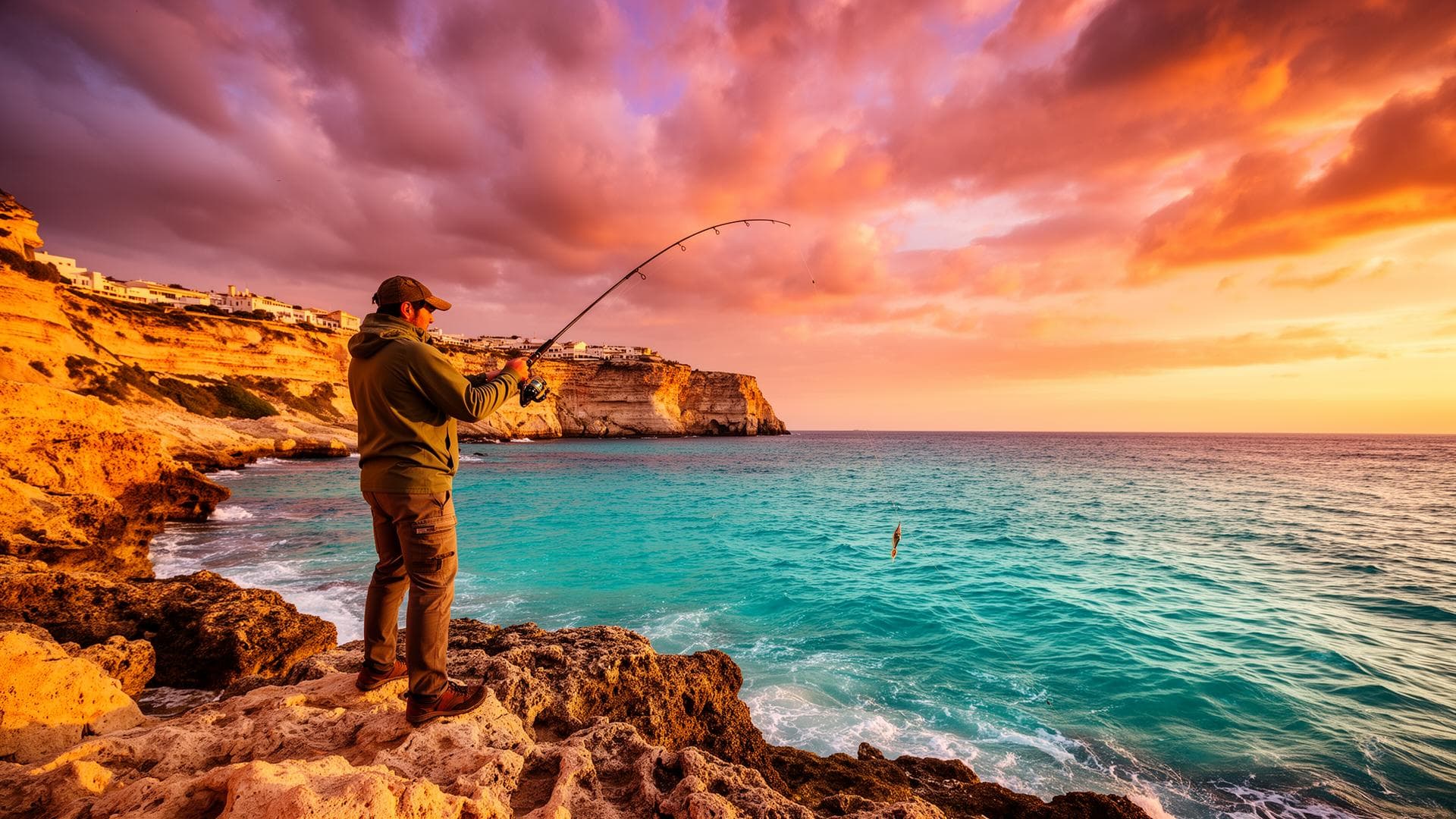Fisherman casting his rod at sunset on the Spanish Mediterranean coast